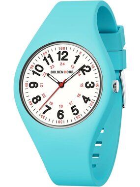 Unisex Light Blue White Military Time Easy to Read Dial Silicone Strap Watches